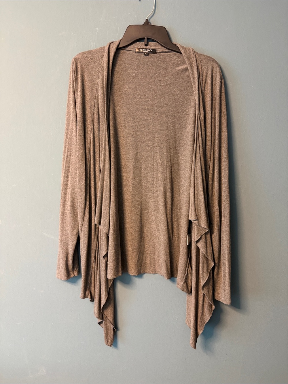 Draped Open-Front Cardigan Sweater in Taupe